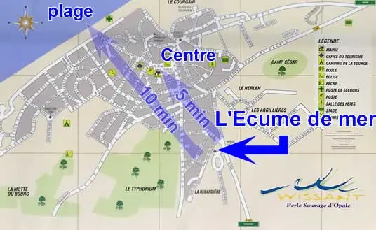 Plan de Wissant : la maison à l'entrée du village, le centre et la plage